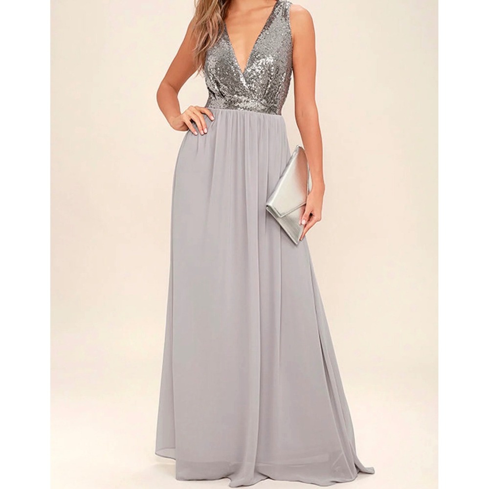 Lulus Elegant Encounter Pewter Sequin Maxi Dress‎ Grey V-Neck Open Back S FLAW